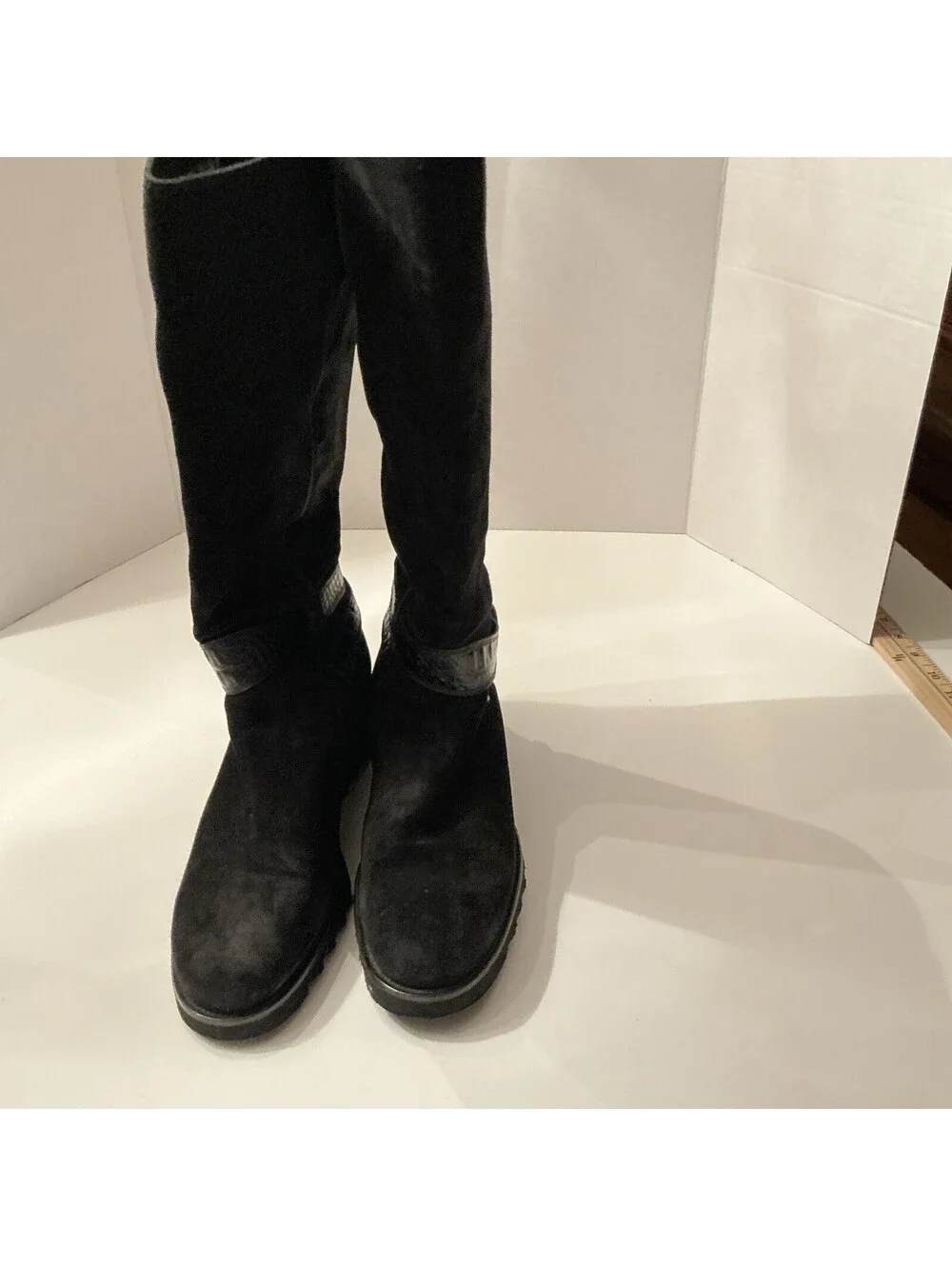 Donald J Pliner Knee High Boots Hesaid ITALY Womens 8 M Black Suede Wedge Heel